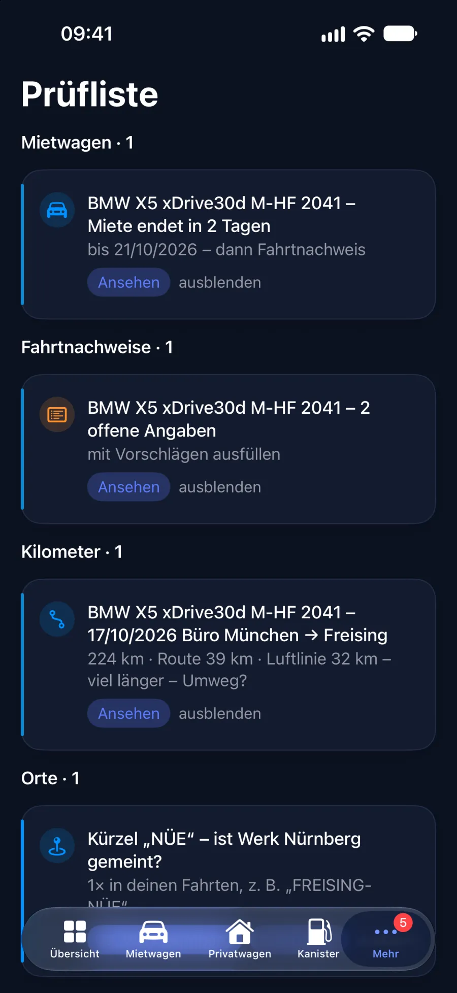 Prüfliste mit gefundenen Unstimmigkeiten und Korrekturvorschlägen